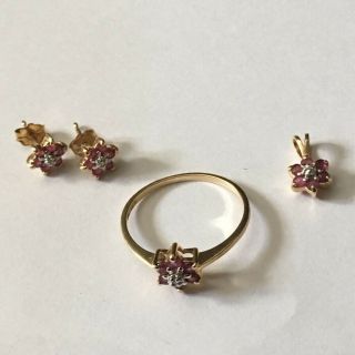 Vintage 10k Gold Ruby & Diamond Flower Ring,  Pendant,  And Earrings