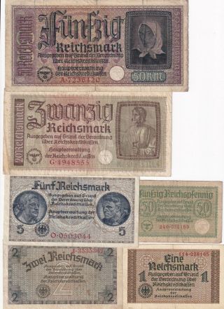 Germany 0,  5 1 2 5 20 50 Reichsmark Full Set Wwii (1940 - 1945) (l27)