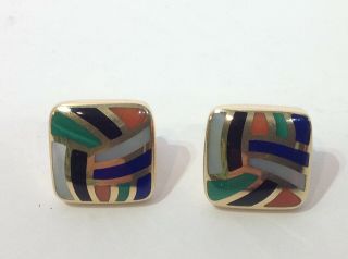 Signed Grossbardt 14k Yg Omega Clip Earrings.  Stone Inlay.  Vintage
