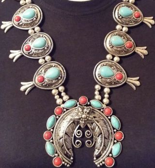 Native American Style Squash Blossom Turquoise Howlite Stone Statement Necklace