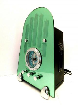 VINTAGE ANTIQUE OLD FULL FRONTAL GREEN MIRROR ART DECO CATHEDRAL RADIO 5