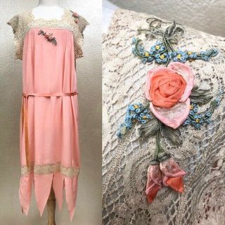 Antique Vtg 1930s Ladies Pink Sheer Silk Dress Lace With Flowers Gown Costume