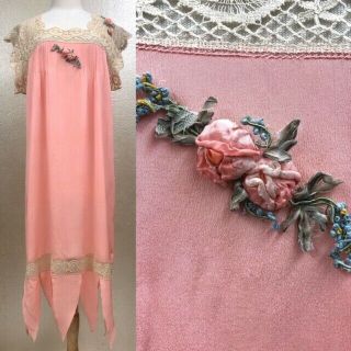 Antique VTG 1930s Ladies Pink Sheer Silk Dress Lace with Flowers Gown Costume 2