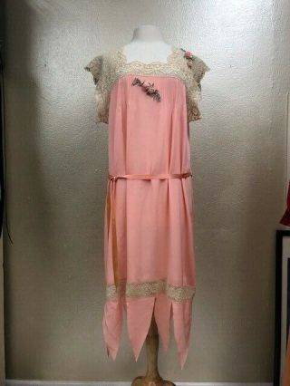 Antique VTG 1930s Ladies Pink Sheer Silk Dress Lace with Flowers Gown Costume 4