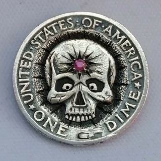 Hobo Nickel Third Eye Hand Engraved Silver Mercury Dime Coin With Pink Sapphire