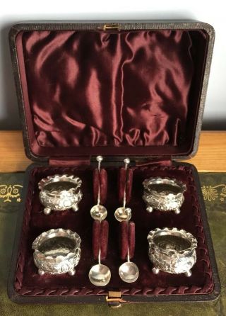 Antique Victorian Solid Silver Four Salts Set 1888