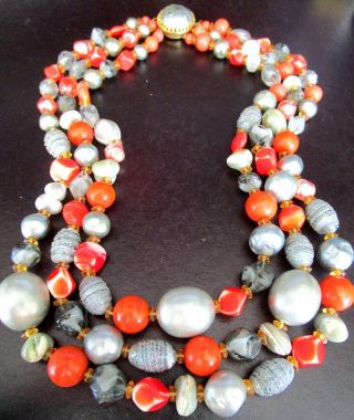 Hattie Carnegie Orange & Silver Art Glass Beaded Triple Strand Necklace