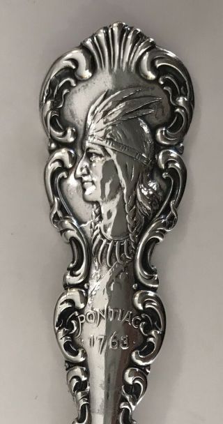 Vintage Sterling Silver Souvenir Spoon Detroit w/ Chief Pontiac 1763 on Handle 3
