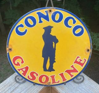 Vintage Yellow Conoco Gasoline Porcelain Enamel Gas Pump Sign