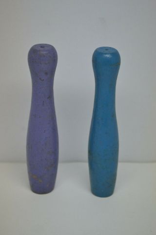 2 Vintage Bowling Pins Game Toy Display Purple & Blue Art Project