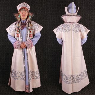 China Ancient Mongolia Princess Dance Blue Robe Dress Turquoise Gem Inlay Hat