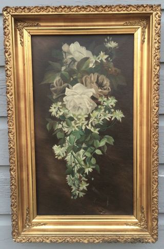 Antique Victorian Still Life White Roses Oil Painting Magnificent Vintage Frame