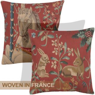 French Tapestry Throw Pillow Cover 18x18 Unicorn Rabbits Medieval Red Woven