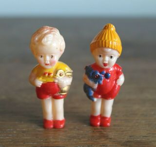 Pair Hard Thin Plastic Vtg Hong Kong Made Kid Twin Baby Doll Red Toy Figures
