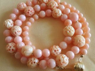 Estate Vtg Pink Dusty Rose Coral Carved Dragon Bead No Dye 18 " 8.  8 - 6mm
