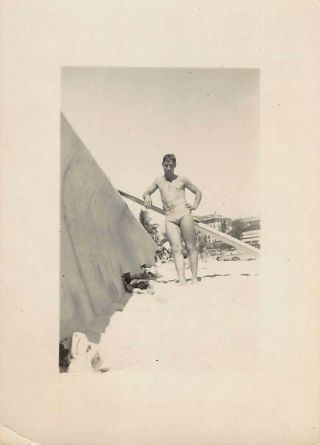 Beach Boyfriend - Beefcake Man W/ 6 Pack Abs Swim Trunks Bulge Vtg Gay Int Photo