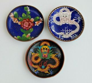 3 Antique Chinese Cloisonne Dish Decorated With A 5 Claw Dragon & Flowers