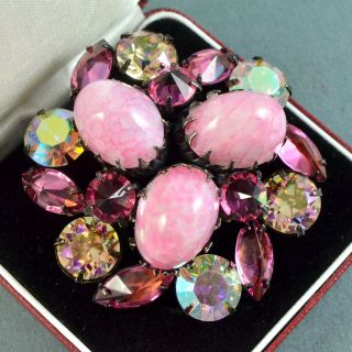 Vintage Brooch Large 1960s Pink Mottle Glass Inverted Crystal Japanned Jewellery