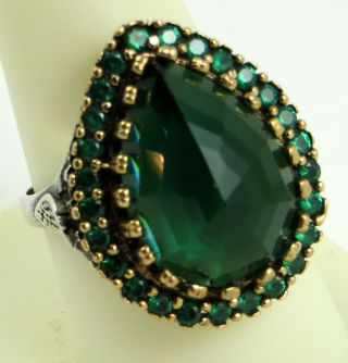 Vintage Sterling Silver Pear Shape Emerald Gold Essent Ring