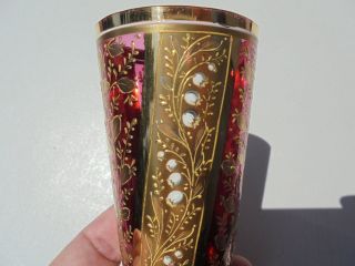 Very Fine Vintage Moser Art Glass Lily of the Valley Enameled Cranberry Tumbler 5