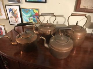 Four Decorative Antique Victorian Era Solid Copper Tea Kettles Kitchen Display