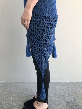 Vtg 1920s 30s Women ' s Crochet Sweater Dress Top Cover UP Navy Blue Tassels Beach 5