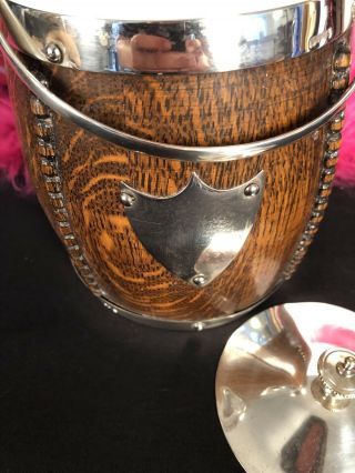 Antique Oak Silver EPNS Ice Bucket Porcelain English Lining Immaculate 2