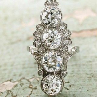 4 Stone Art Deco Vintage 2.  85 Ct Round Cut White Diamond Wedding Ring 925 Silver
