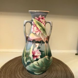 Royal Nishiki Nippon Deco Handle Vase Waterlily Scene Rare Antique/vtg Flowers
