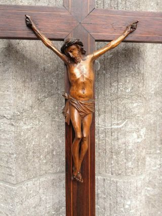 Big Antique Church Altar Standing Crucifix Inlay Holy Grail Carved Wood Corpus 3