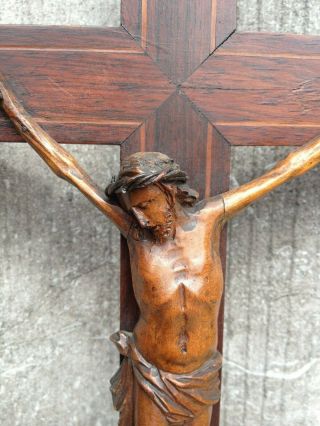 Big Antique Church Altar Standing Crucifix Inlay Holy Grail Carved Wood Corpus 4