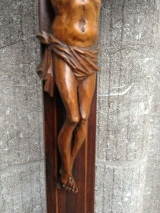 Big Antique Church Altar Standing Crucifix Inlay Holy Grail Carved Wood Corpus 5