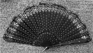 Antique Ebony Hand Carved Black Ladies Fan Silk & Sewn On Sequins 9 1/2 " Tall