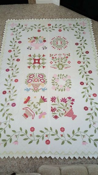 Vintage Handmade Quilt - Cross - Stitched/ Needlework 64 " X 92 "