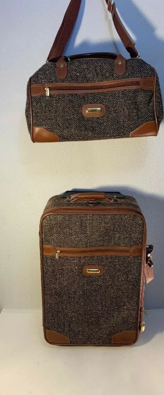 Vintage 2 Piece Set Jaguar Luggage Rolling Carry On Suitcase Duffle Bag Tweed