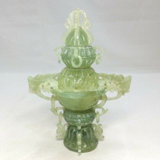 H268: Chinese Incense Burner Of Green Stone Carving Ware With Appropriate Work