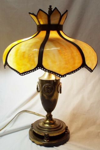 Antique Brass Trophy Style Male Bust Design Table Lamp W/ Bent Slag Glass Shade