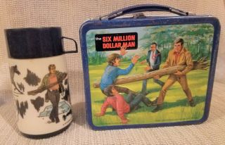 Vintage Six Million Dollar Man Lunch Box Aladdin 1974 45 YEARS OLD WITH THERMOS 2