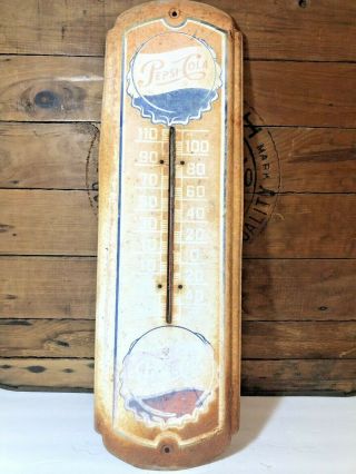 Vintage Pepsi - Cola Wall Thermometer With Double Bottle Cap Logos Old