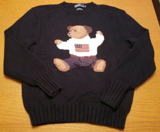 Vtg Polo Ralph Lauren Hand Knit Teddy Bear American Flag Crewneck Sweater Medium