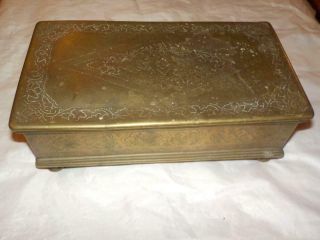 Antique Engraved Indian Brass Spice Box / Chest With 5 Compartments & Hinged Lid