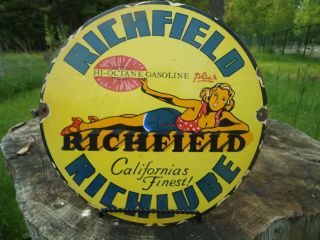 Vintage Richfield Richlube Hi - Octane Gasoline Porcelain Enamel Gas Pump Sign