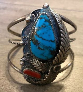 Gorgeous 2 1/2 " Tall Vintage Navajo Turquoise,  Coral & Sterling Silver Bracelet