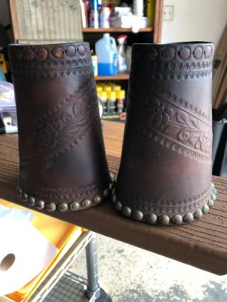 Vintage Hand Tooled Leather Western Cowboy Cuffs Brass Hobnails