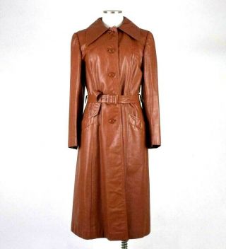 Vtg 70s Brown Leather Belted Trench Coat Duster Jacket Long Full Length Womens S