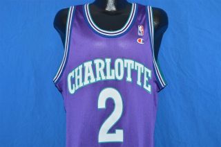 Vintage 90s Charlotte Hornets Larry Johnson 2 Champion Basketball Jersey Sz 48