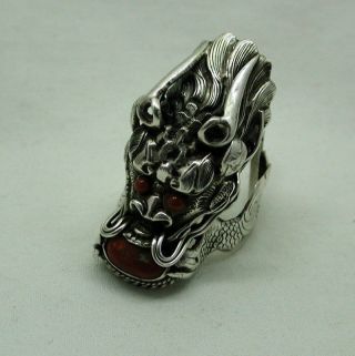 Vintage Unusual Very Large Silver And Coral Chinese Dragon Ring