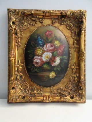 Antique Vintage Oval Floral Oil Painting Gilt Wood Picture Frame