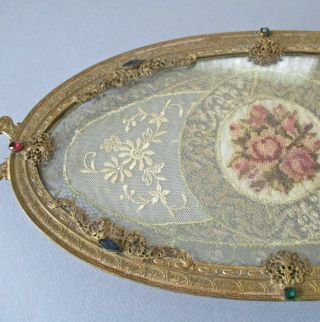 Antique 15 " Silvercraft Vanity Tray Gilt Ormolu Jeweled French Lace Petit Point