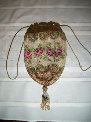 Vintage Antique Victorian Micro Beaded Drawstring Purse Evening Bag Roses